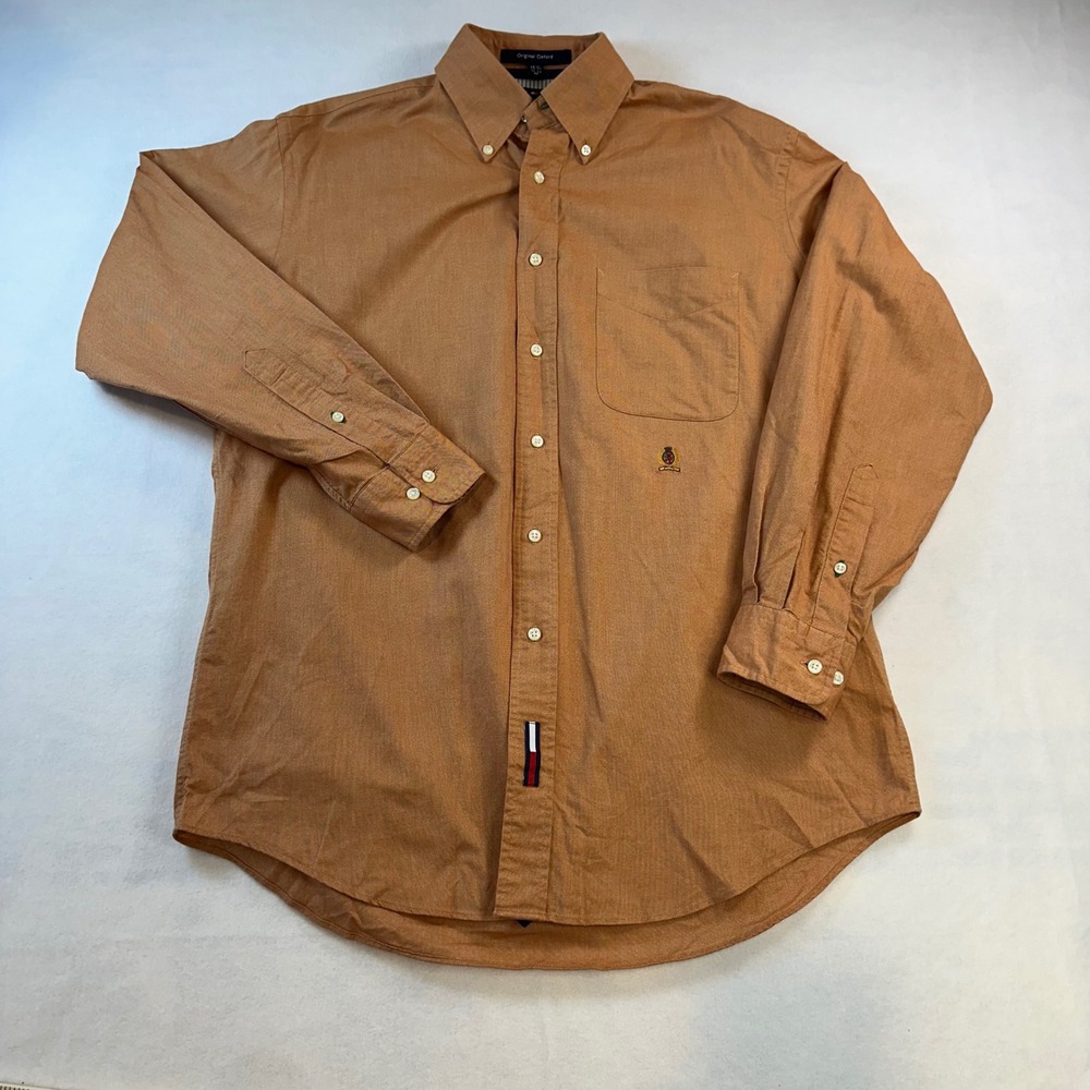 Tommy Hilfiger Mens Original Oxford Button Down Shirt Orange Crest Logo M 15.5